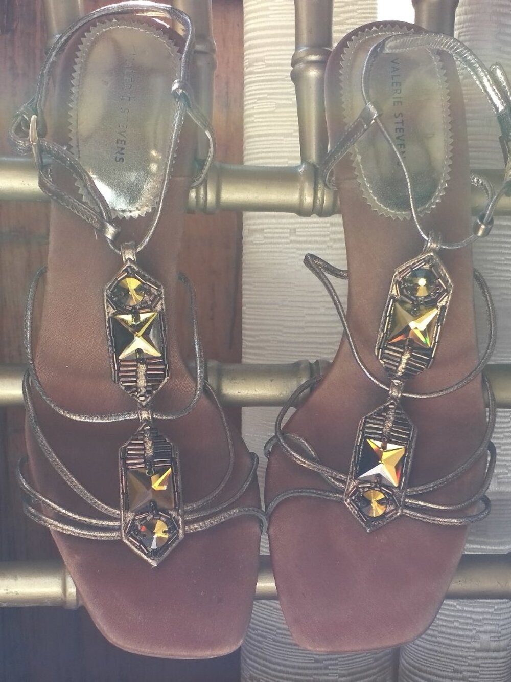 VALARIE STEVENS SIZE 6 1/2 BRONZE SATIN HIGH HEEL WITH AMBER JEWEL FRONT
